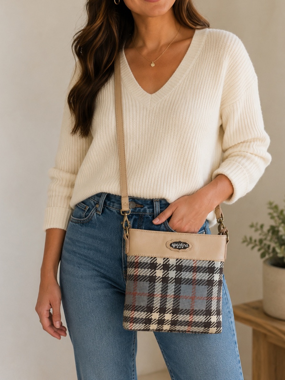 Spartina 449 Genuine Leather & Natural Linen Daufuskie Island Crossbody Bag